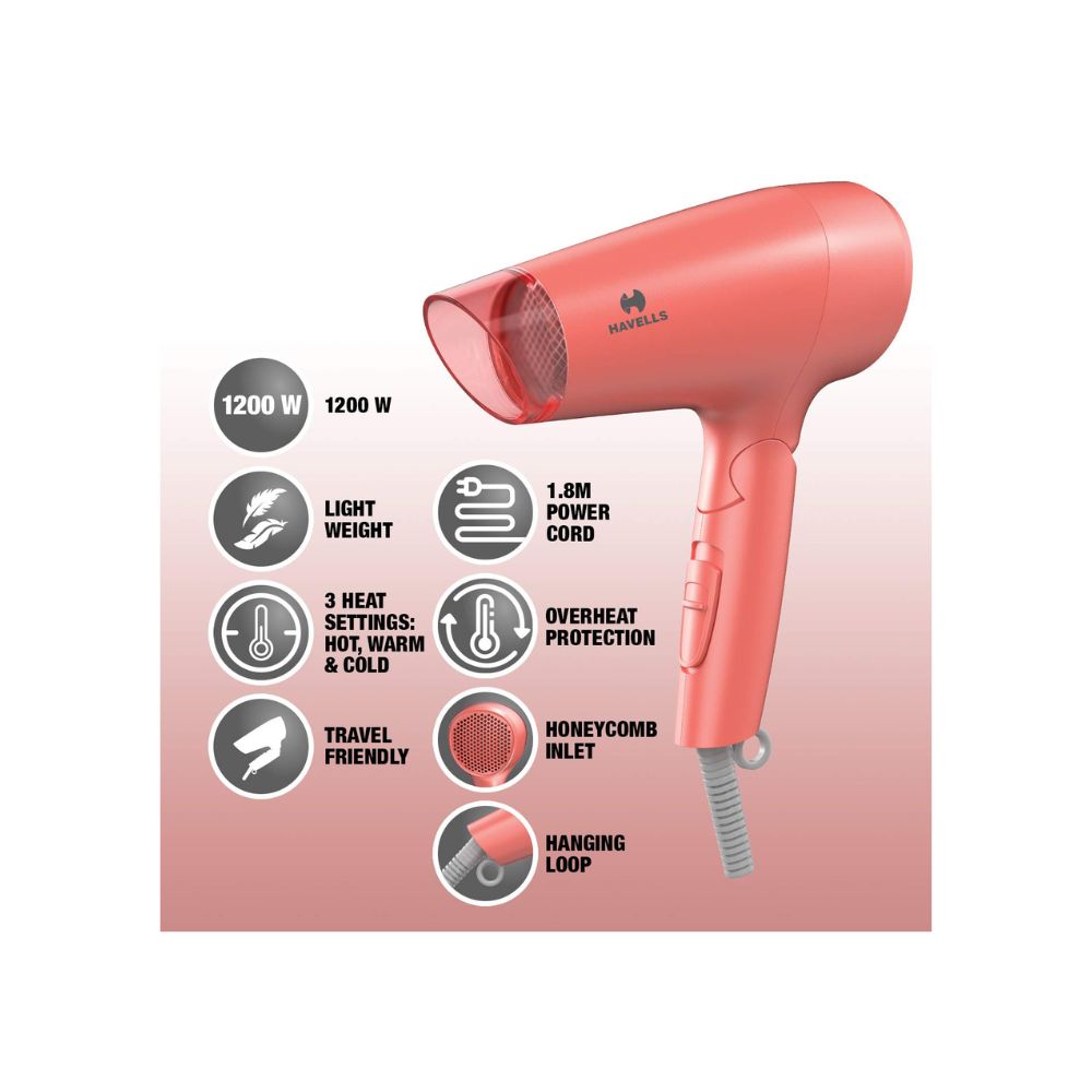 Havells HD2223 1200 W Foldable & Travel Friendly Hair Dryer (Coral)