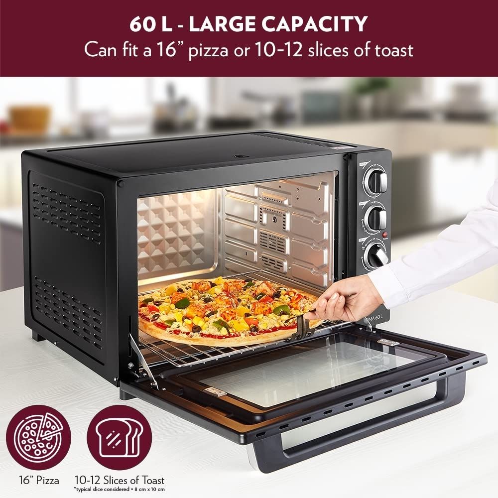 Borosil Prima 60 L Oven Toaster  Griller Motorised Rotisserie  Convection Heating 12 Heating Modes Black