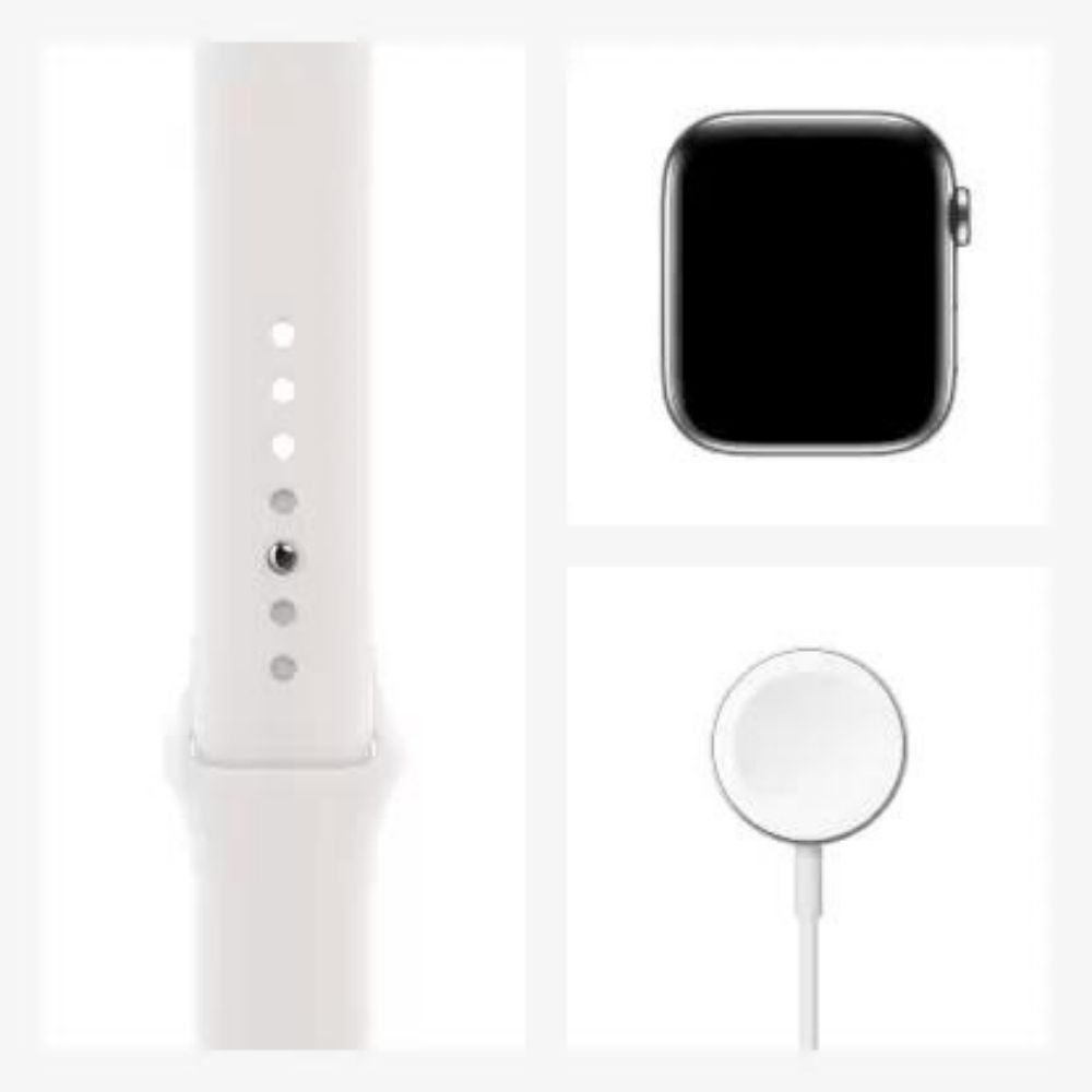 APPLE Watch Series 6 GPS + Cellular M09D3HN/A 44 mm Silver Stainless Steel Case with White Sport Band  (White Strap, Regular)