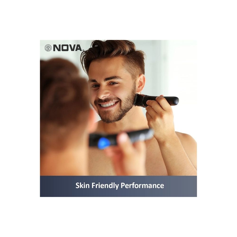 Nova NHT-1071 Titanium Coated Cordless: 45 Minutes USB Trimmer for Men (Black/Blue)