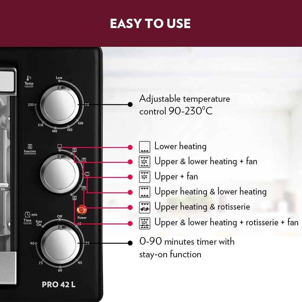 Borosil Pro 42 L Oven Toaster & Griller, Motorised Rotisserie & Convection Heating, 6 Heating Modes, Black