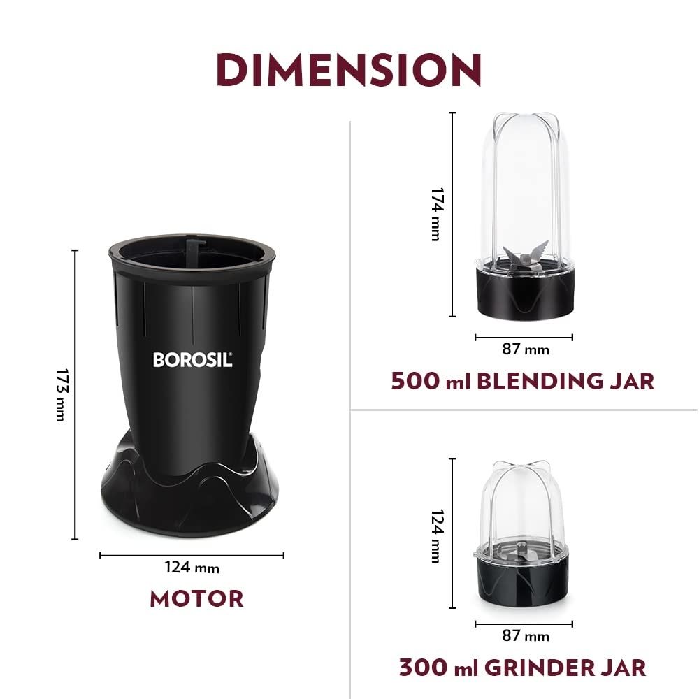 Borosil NutriFresh PB31 Portable Mini-Blender & Grinder, 500 ml Blending Jar, 300 ml Chutney Jar, Black, 400 W