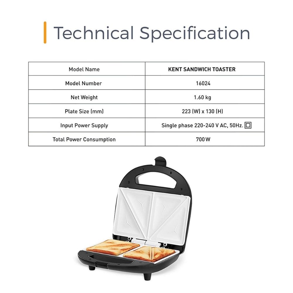 KENT 16024 Sandwich Maker 700 W | Non-Toxic Ceramic Coating Plate | Handle with Lock | Automatic Cut OFF | 4 Slice Sandwich Toaster