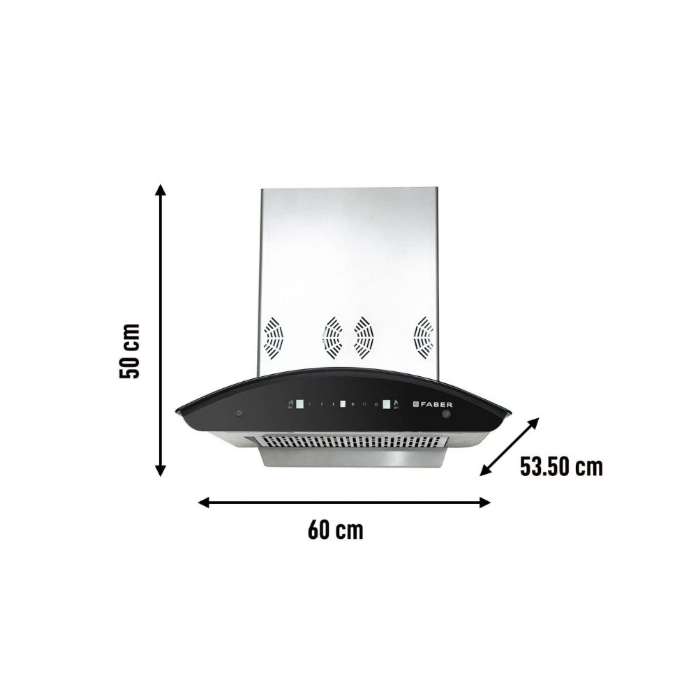 Faber 60 cm 6 way Silent Suction, 1250 m³/hr Auto-Clean curved glass Kitchen Chimney (HOOD EVEREST SMART 3D IND HC SC SS 60 )