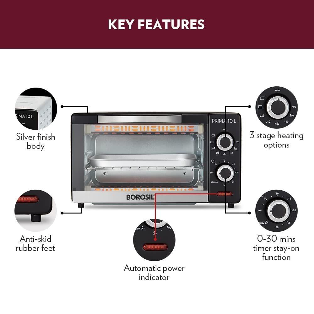 Borosil Prima 10 L Oven Toaster  Griller 3 Cooking Modes Stay-on Function Black