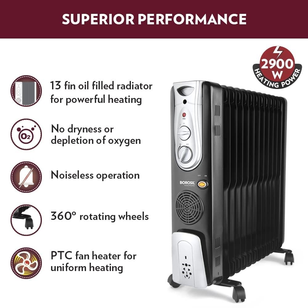 Borosil Volcano 13 Fin Oil Filled Radiator Room Heater 2900 W Black BOFR13F13