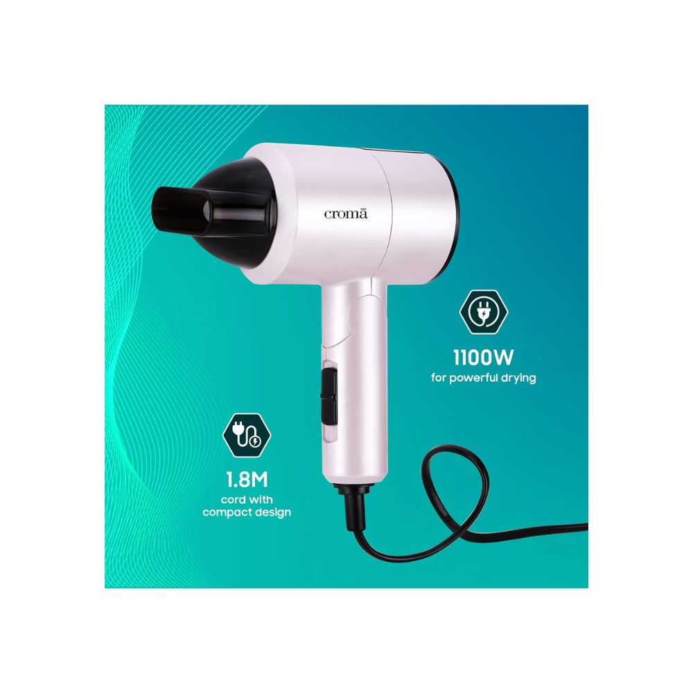 Croma 1100W Foldable Hair Dryer, 3 Heat Settings (Hot/Cool/Warm) with Cool Shot button (CRAH4055, Pink)
