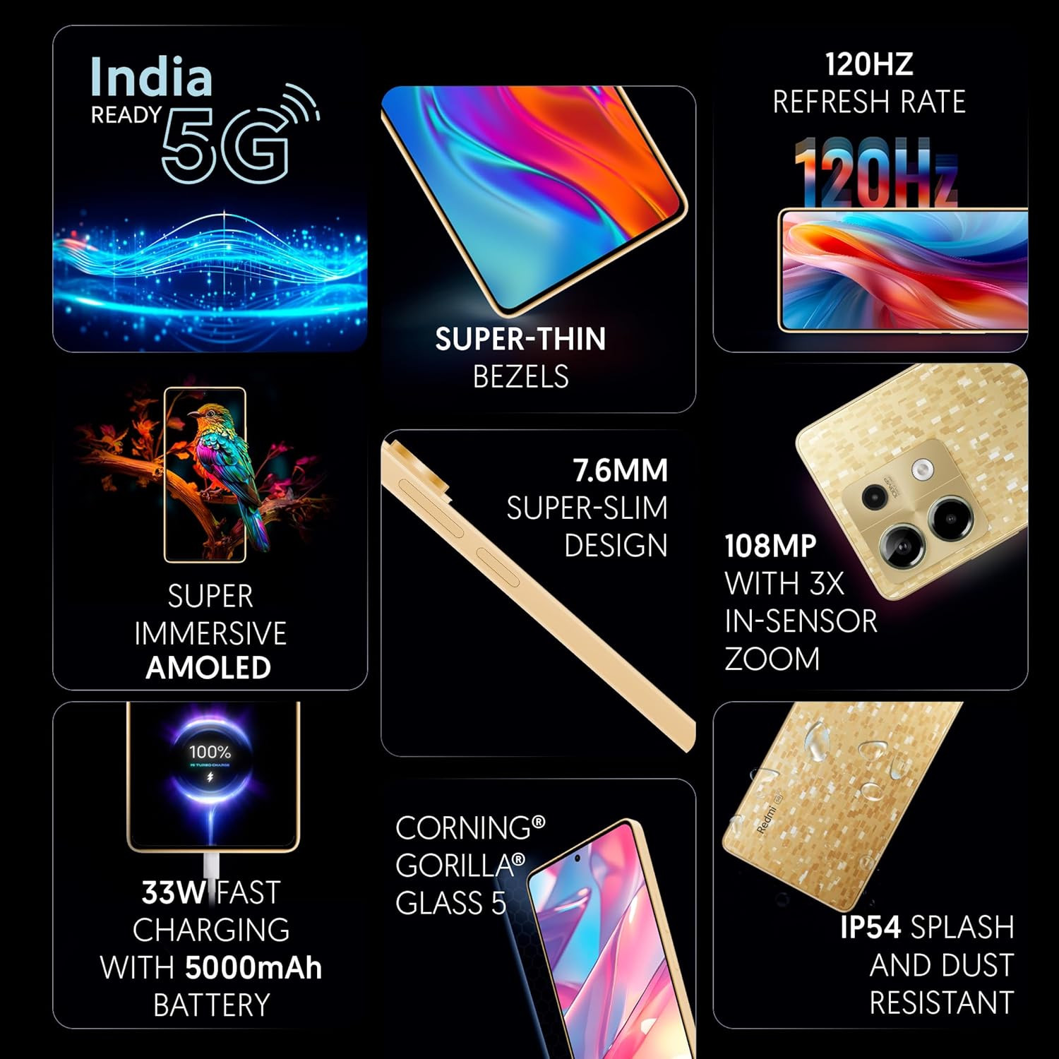 Redmi Note 13 5G (Prism Gold, 8GB RAM, 256GB Storage) | MTK Dimensity 6080 5G | 7.6mm, Slimmest Note Ever