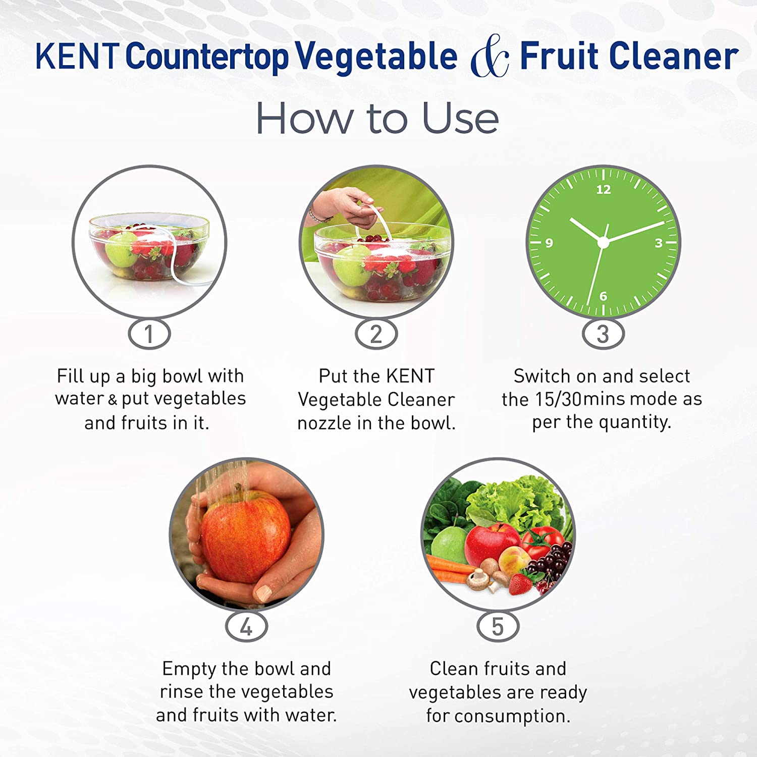 KENT Counter Top Vegetable Cleaner, Bio-Friendly Ozone Technology, Makes Vegetables, Fruits and Meat Safer, Compact Design