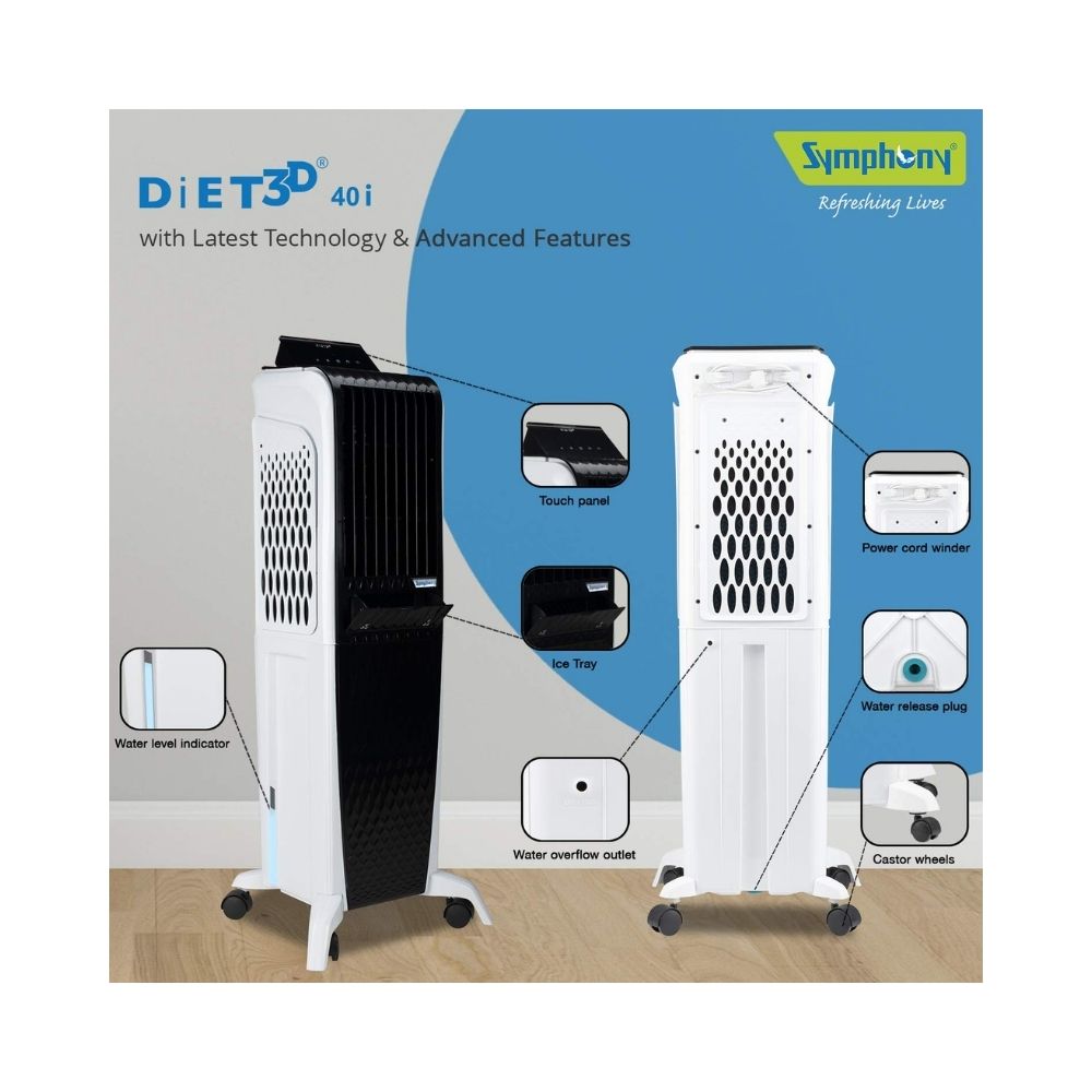 Symphony Diet 3D - 40i Tower Air Cooler - 40-litres, White & Black