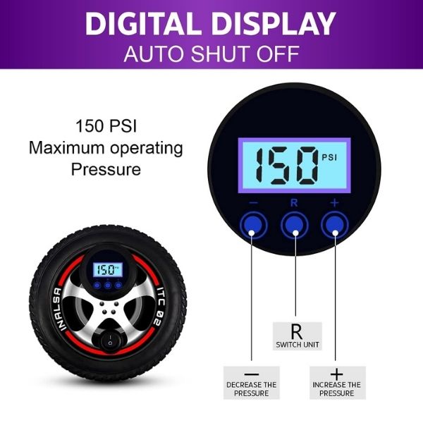 Inalsa Tyre Inflator ITC 02 with Digital Display & Push Button, 12V DC Portable Tyre Inflator,150 PSI, Inflatable Adaptor for Car, Tires, Bicycle and other Inflatables