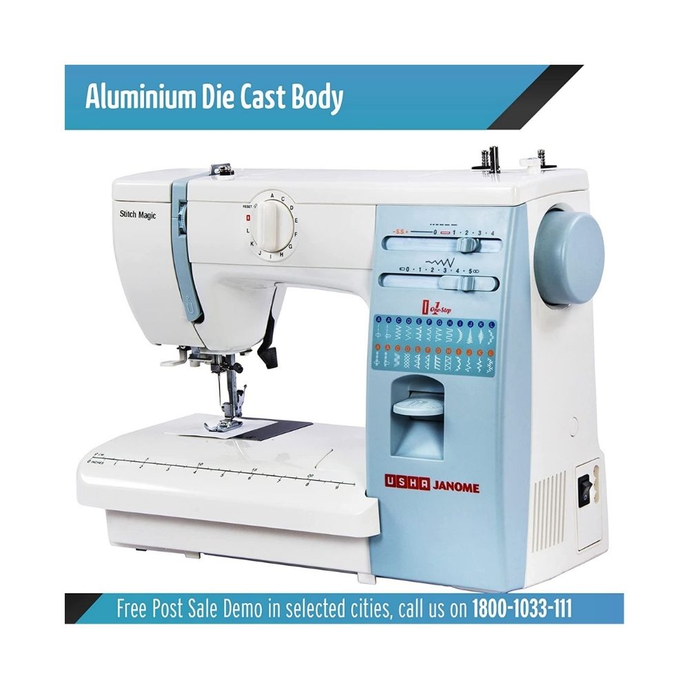 Usha Janome Automatic Stitch Magic 60-Watt Sewing Machine (White And Blue)
