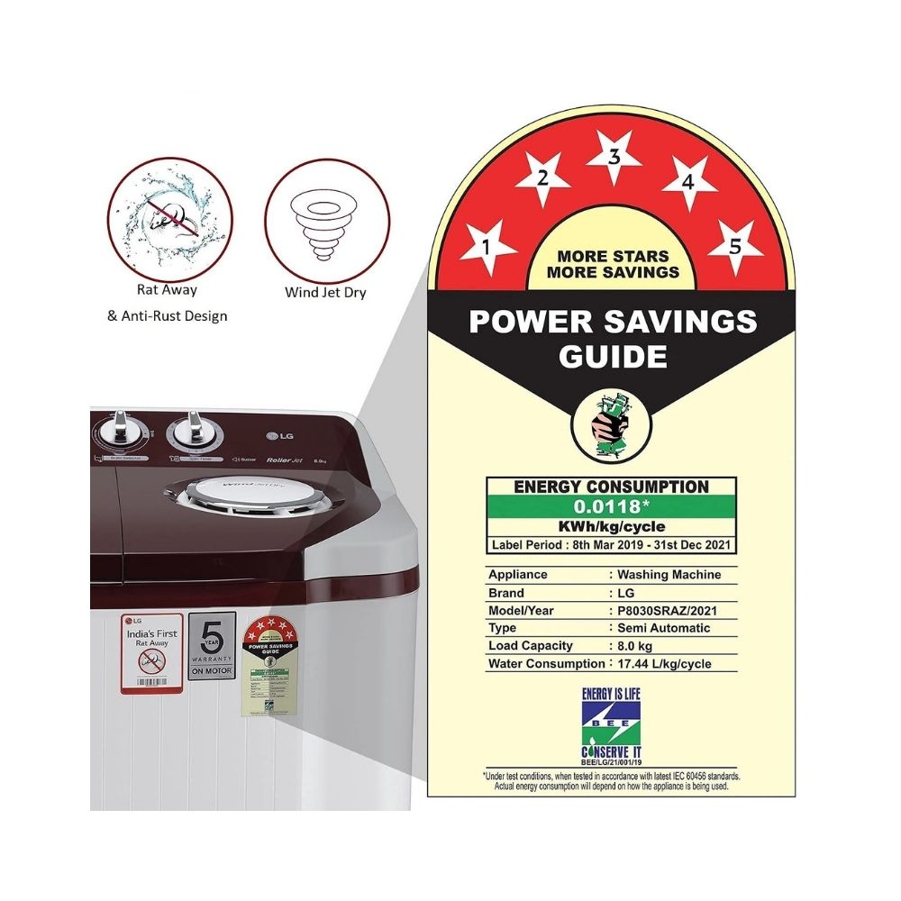 LG 8 Kg 5 Star Semi-Automatic Top Loading Washing Machine P8030SRAZ