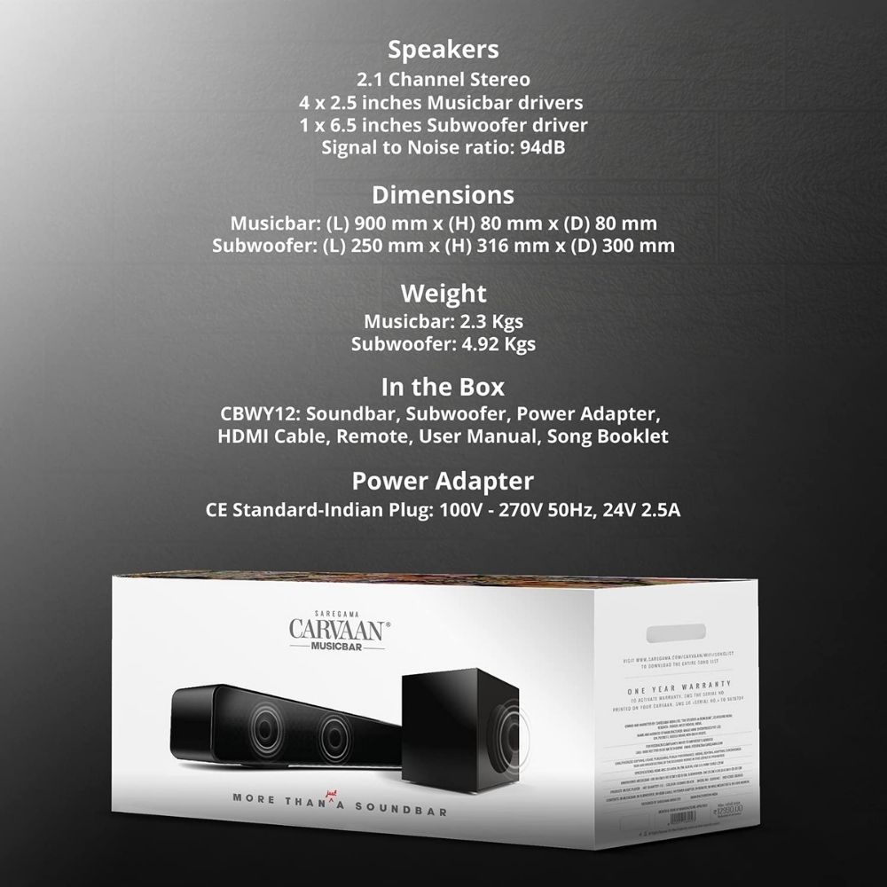 Carvaan Saregama 120W 2.1 Channel Wireless, USB, Hdmi, Auxiliary, Bluetooth Soundbar - Cosmos Black