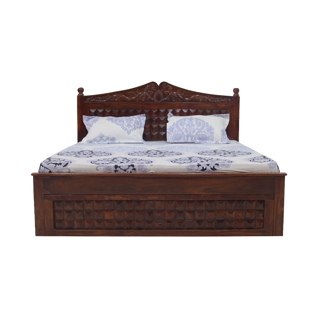 Queen Size Bed Teak Wood Finish - Carvin Head Box Pattam Box Storage