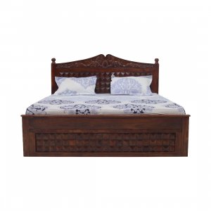 Queen Size Bed Teak Wood Finish - Carvin Head Box Pattam Box Storage