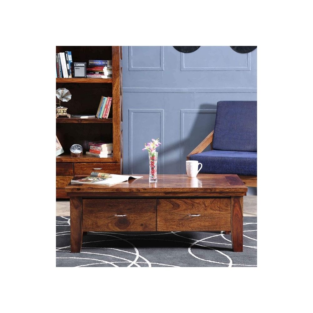 Aaram By Zebrs Coffee Table for Living Room | Outdoor Center Table for Garden with 2 Drawers Storage | Sheesham Wood