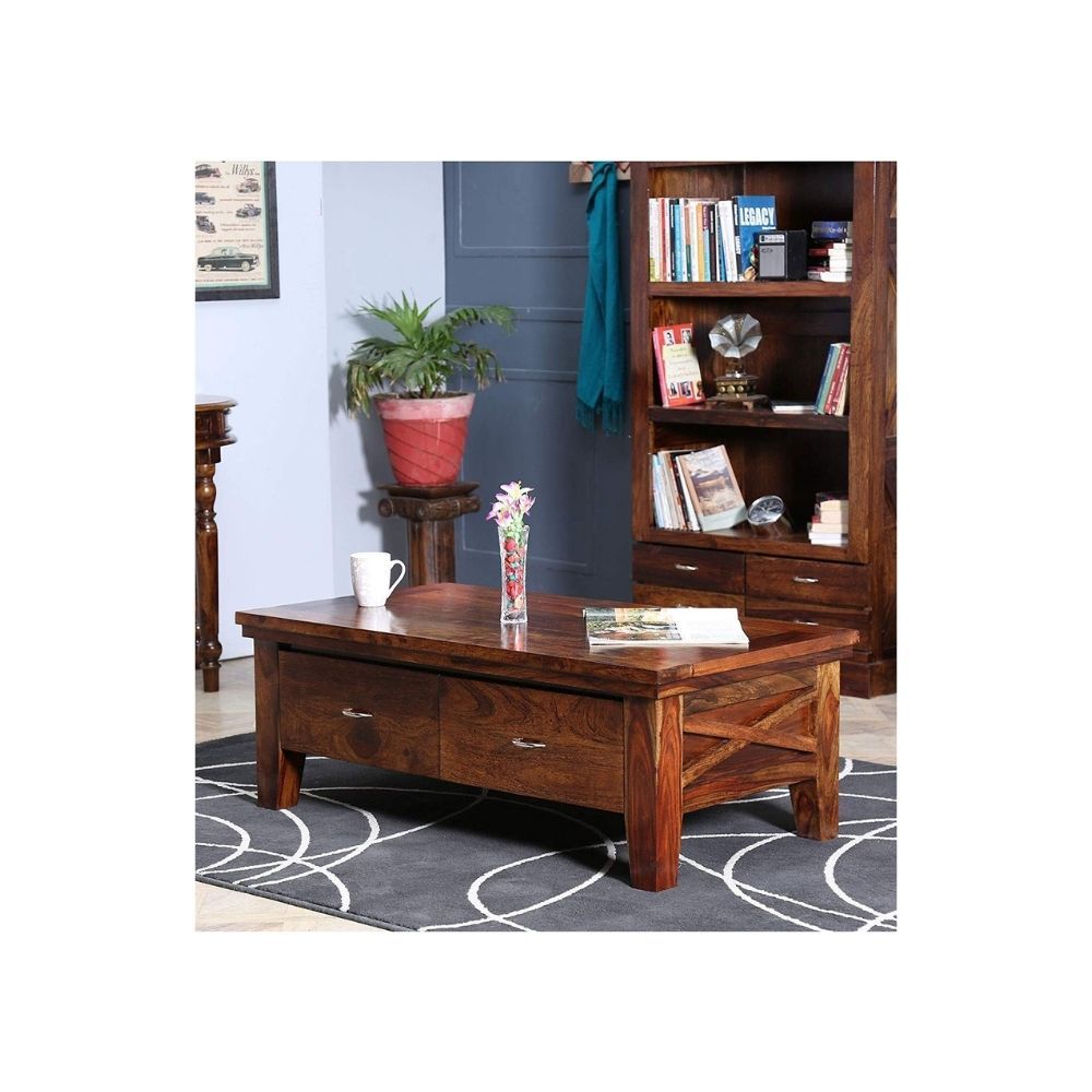 Aaram By Zebrs Coffee Table for Living Room | Outdoor Center Table for Garden with 2 Drawers Storage | Sheesham Wood