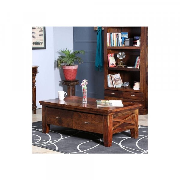 Aaram By Zebrs Coffee Table for Living Room | Outdoor Center Table for Garden with 2 Drawers Storage | Sheesham Wood