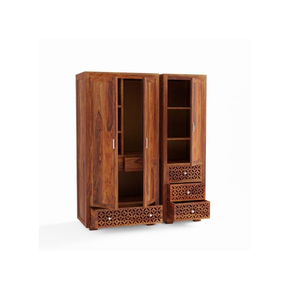 Aaram By Zebrs Furniture Sheesham Wood 3 Door Wardrobe Storage with 4 Drawers Wooden Multipurpose Almirah for Home Living Room Hall - Natural Finish