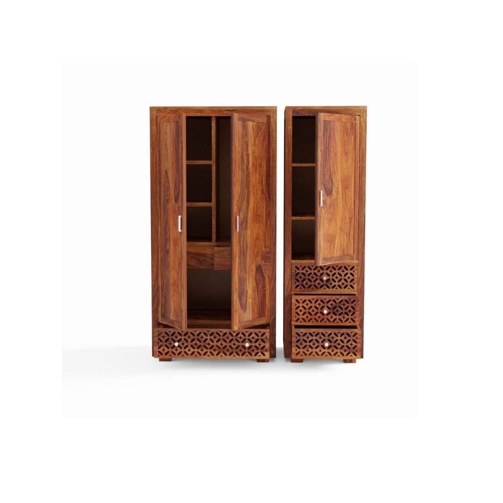 Aaram By Zebrs Furniture Sheesham Wood 3 Door Wardrobe Storage with 4 Drawers Wooden Multipurpose Almirah for Home Living Room Hall - Natural Finish