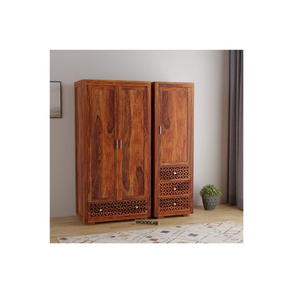 Aaram By Zebrs Furniture Sheesham Wood 3 Door Wardrobe Storage with 4 Drawers Wooden Multipurpose Almirah for Home Living Room Hall - Natural Finish