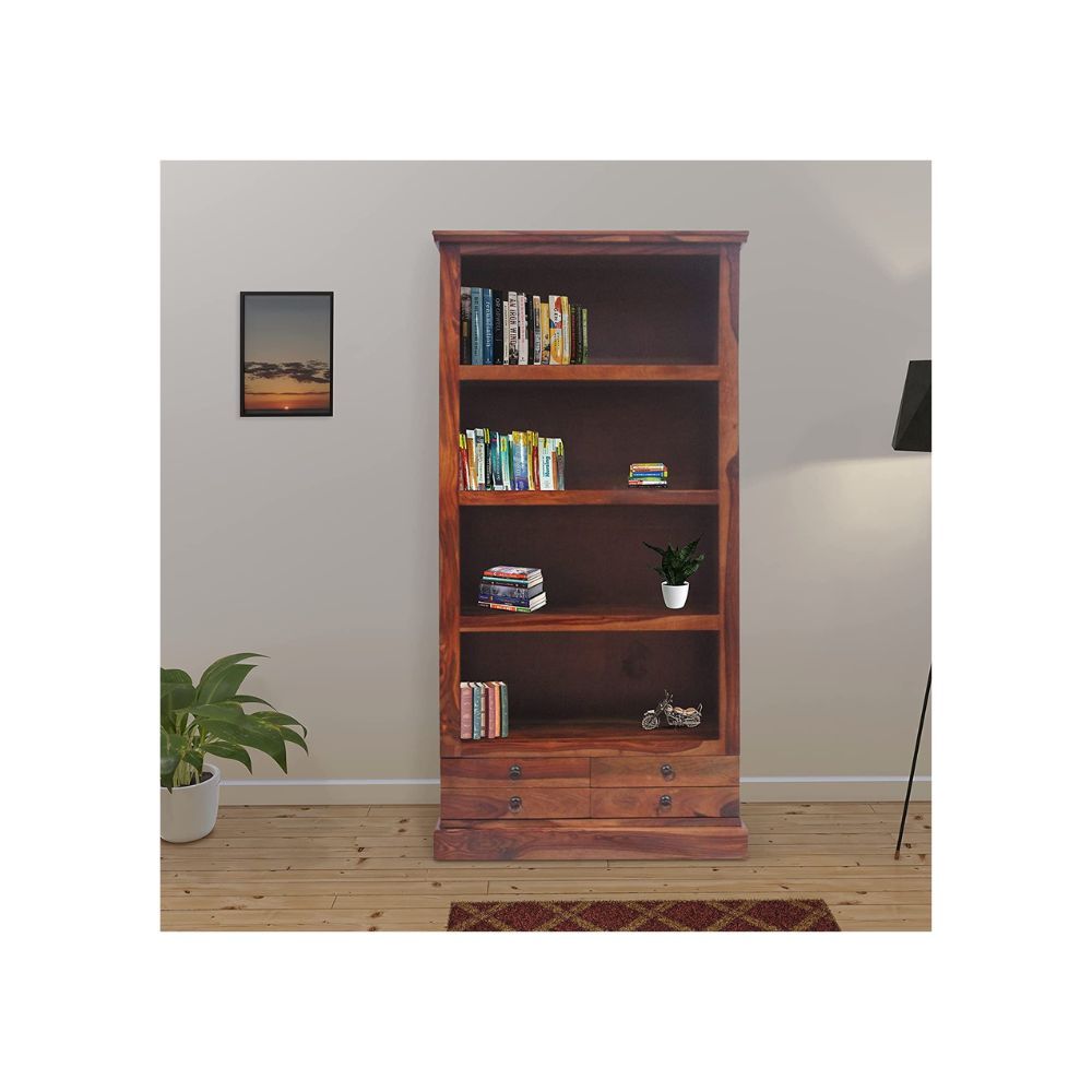 Aaram By Zebrs Furniture Solid Sheesham Wooden Book Shelf with Rack | Book Shelf with Set of 4 Drawers Storage | for Living Room, Home & Office (Natural Teak)