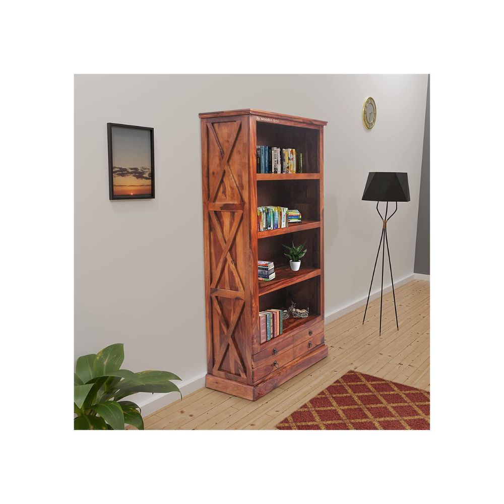 Aaram By Zebrs Furniture Solid Sheesham Wooden Book Shelf with Rack | Book Shelf with Set of 4 Drawers Storage (Natural Teak)