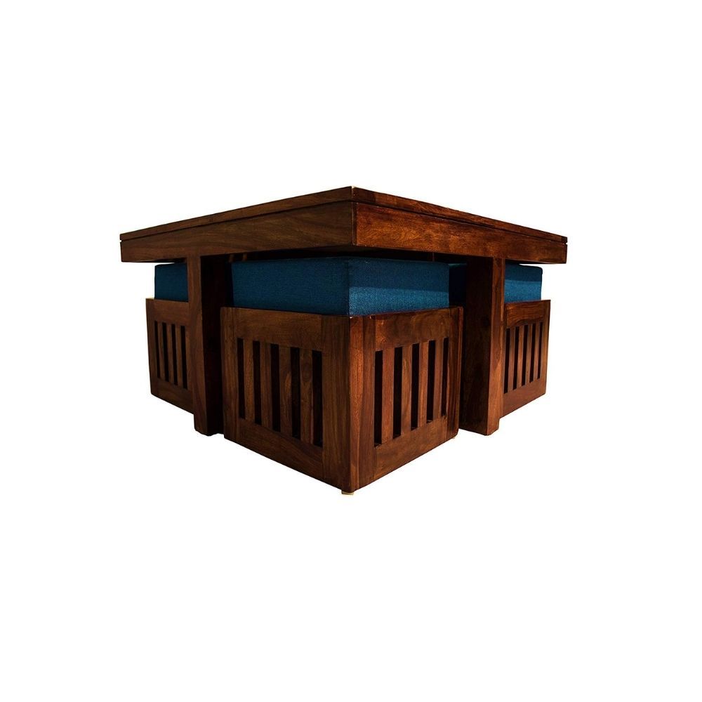 Aaram By Zebrs Modern Furniture Sheesham Indian Rosewood Square Coffee Table | Center Table with 4 Stools, Four Seater Coffee Table- Natural Finish