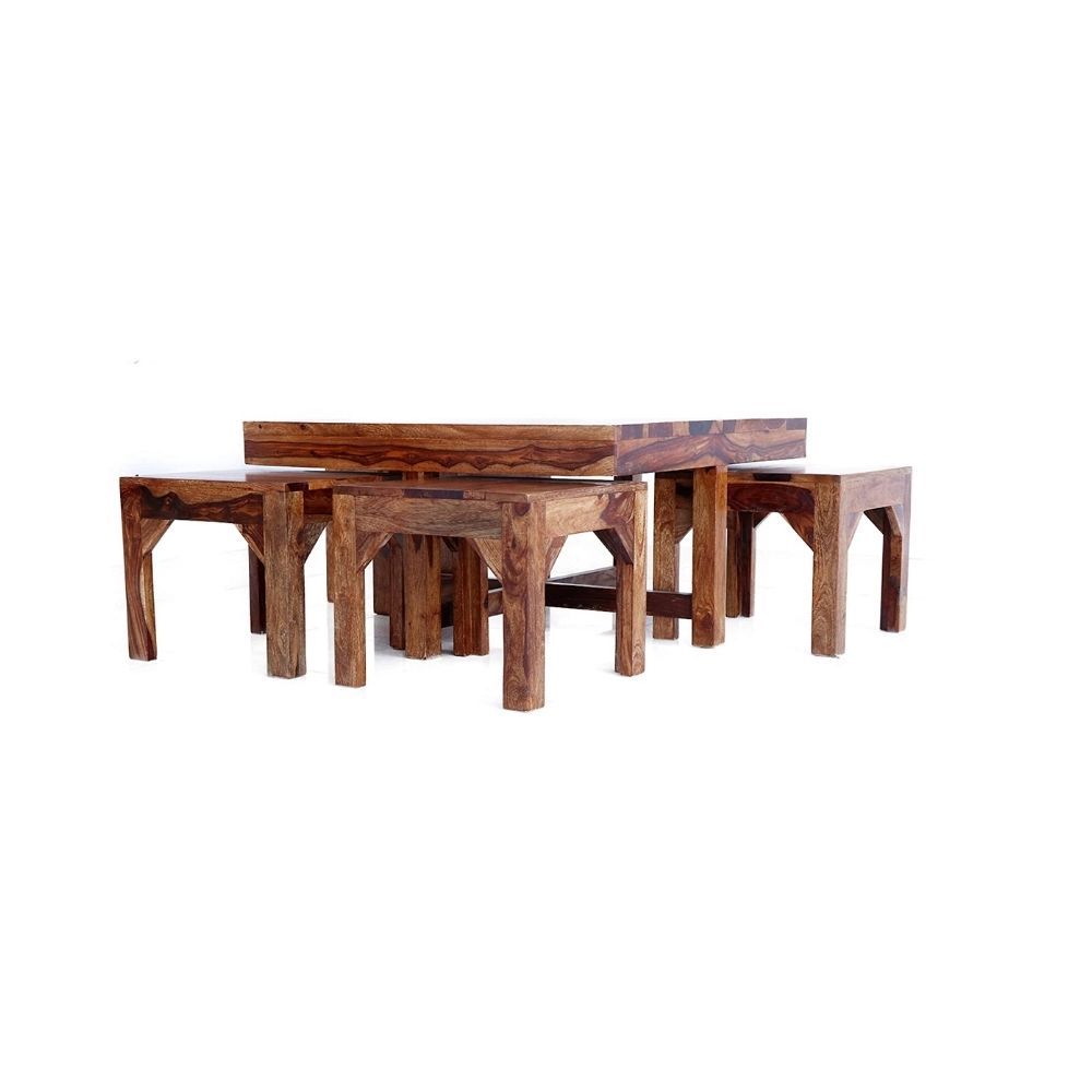 Aaram By Zebrs Modern Furniture Sheesham Indian Rosewood Square Coffee Table | Center Table with 4 Stools, Four Seater Coffee Table- Natural Finish