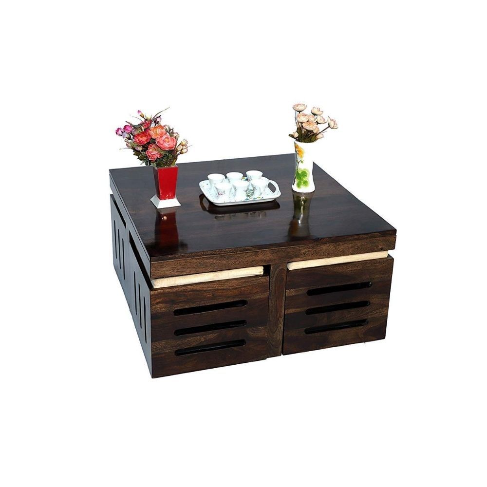Aaram By Zebrs Modern Furniture Sheesham Indian Rosewood Square Coffee Table | Center Table with 4 Stools, Four Seater Coffee Table- Natural Finish