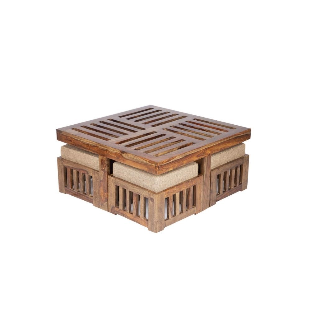 Aaram By Zebrs Modern Furniture Sheesham Indian Rosewood Square Coffee Table | Center Table with 4 Stools, Four Seater Coffee Table- Natural Finish