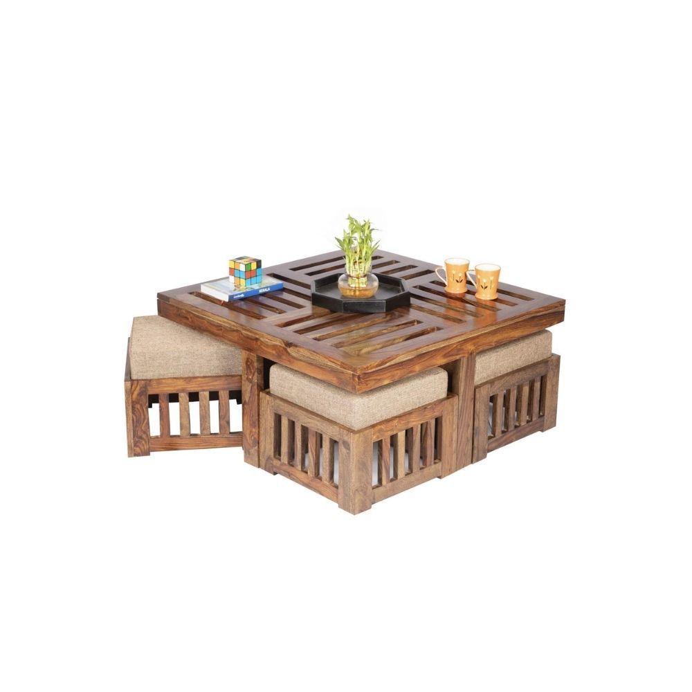Aaram By Zebrs Modern Furniture Sheesham Indian Rosewood Square Coffee Table | Center Table with 4 Stools, Four Seater Coffee Table- Natural Finish