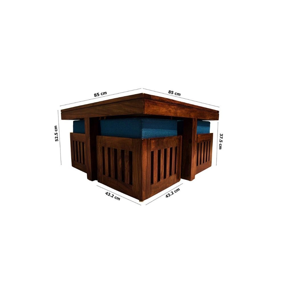 Aaram By Zebrs Modern Furniture Sheesham Indian Rosewood Square Coffee Table | Center Table with 4 Stools, Four Seater Coffee Table- Natural Finish