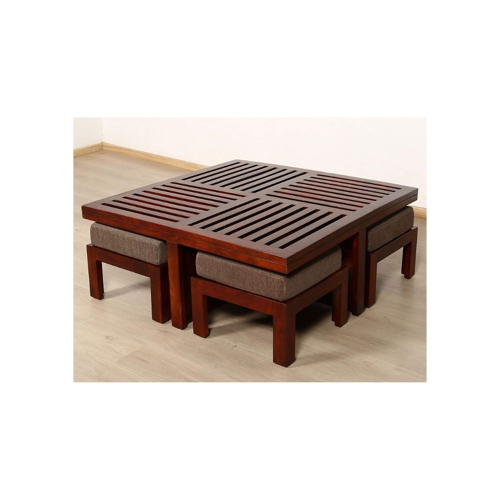 Aaram By Zebrs Modern Furniture Sheesham Indian Rosewood Square Coffee Table | Center Table with 4 Stools, Four Seater Coffee Table- Natural Finish