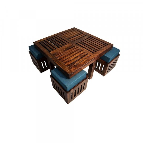 Aaram By Zebrs Modern Furniture Sheesham Indian Rosewood Square Coffee Table | Center Table with 4 Stools, Four Seater Coffee Table- Natural Finish