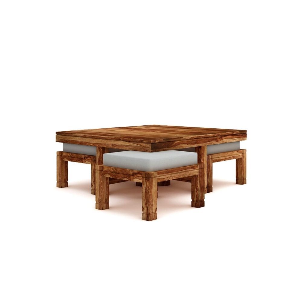 Aaram By Zebrs Modern Furniture Sheesham Indian Rosewood Square Coffee Table | Center Table with 4 Stools, Four Seater Coffee Table- Natural Finish