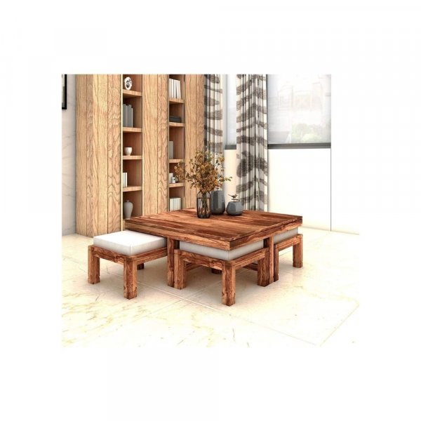 Aaram By Zebrs Modern Furniture Sheesham Indian Rosewood Square Coffee Table | Center Table with 4 Stools, Four Seater Coffee Table- Natural Finish