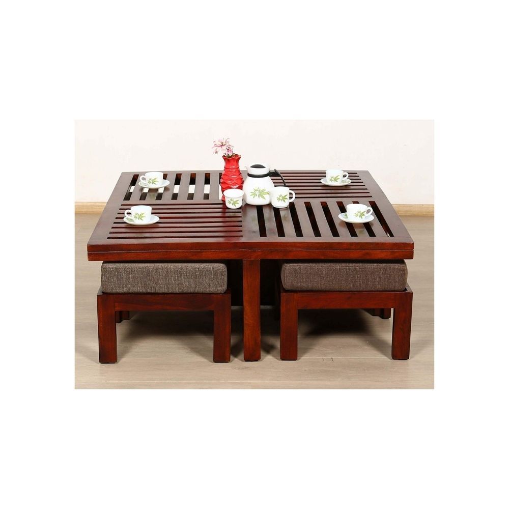 Aaram By Zebrs Modern Furniture Sheesham Indian Rosewood Square Coffee Table | Center Table with 4 Stools, Four Seater Coffee Table- Natural Finish