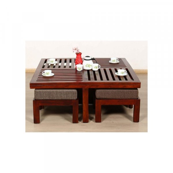 Aaram By Zebrs Modern Furniture Sheesham Indian Rosewood Square Coffee Table | Center Table with 4 Stools, Four Seater Coffee Table- Natural Finish