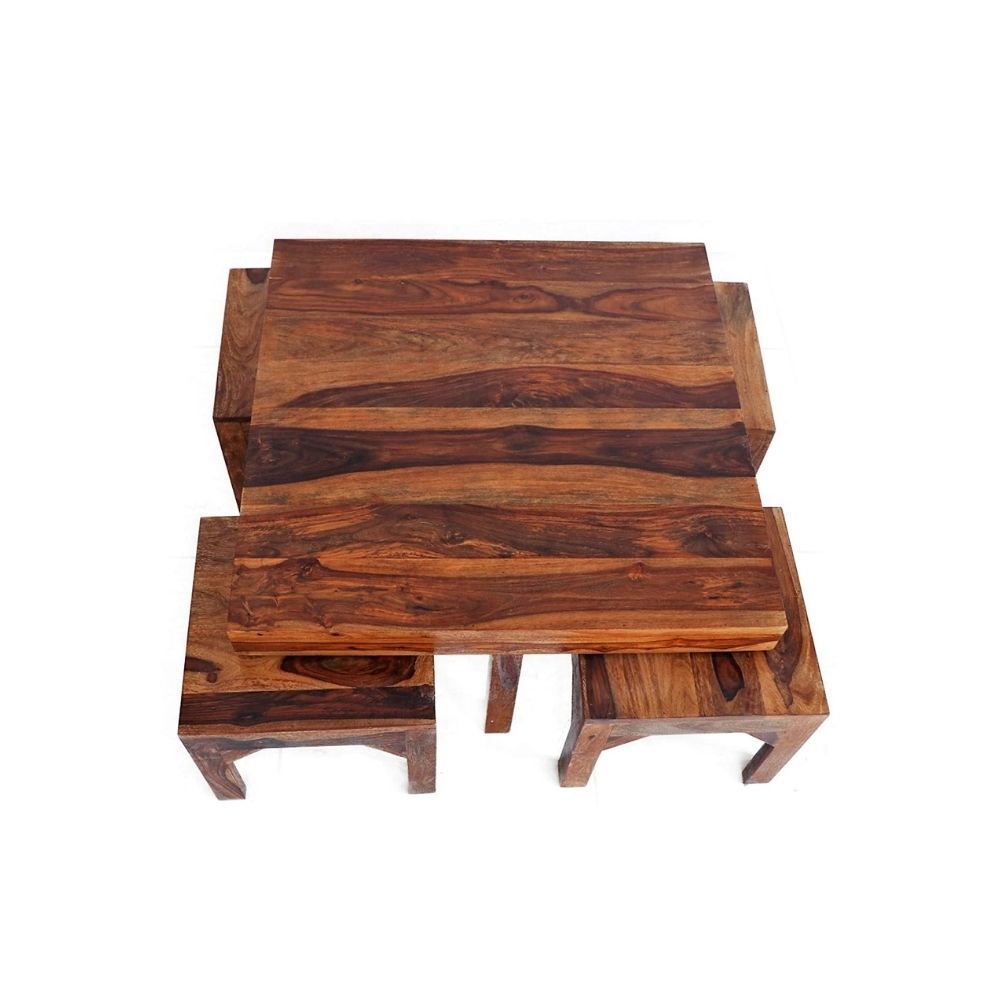 Aaram By Zebrs Modern Furniture Sheesham Indian Rosewood Square Coffee Table | Center Table with 4 Stools, Four Seater Coffee Table- Natural Finish