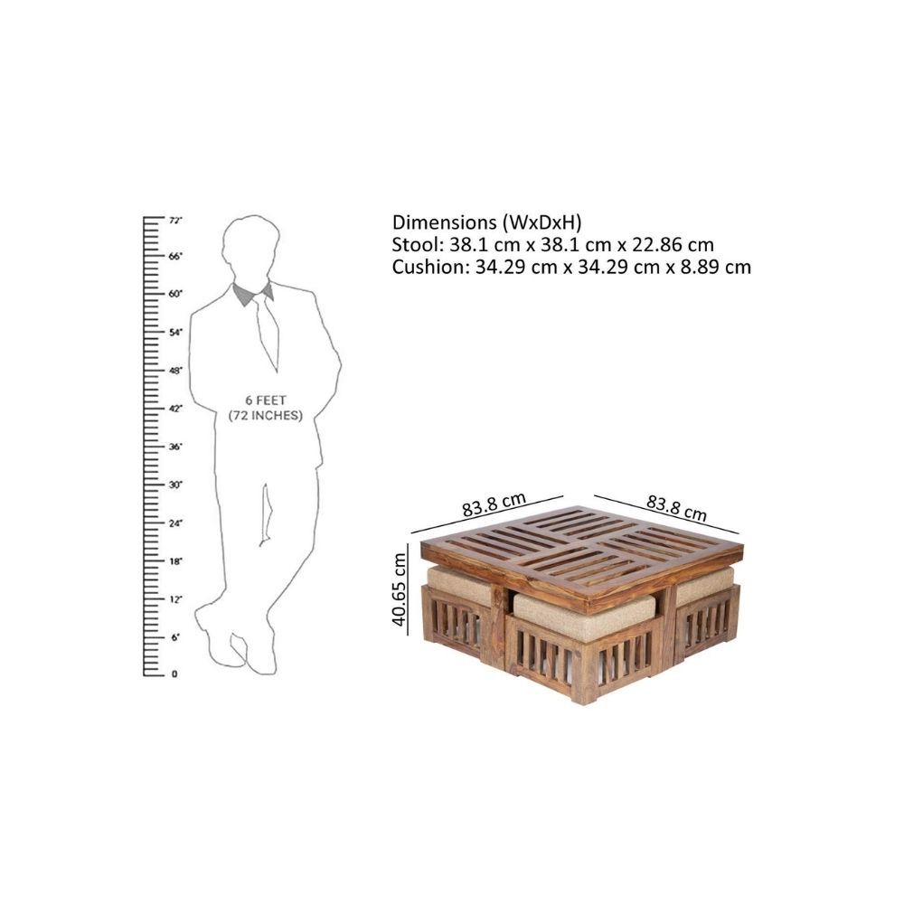 Aaram By Zebrs Modern Furniture Sheesham Indian Rosewood Square Coffee Table | Center Table with 4 Stools, Four Seater Coffee Table- Natural Finish