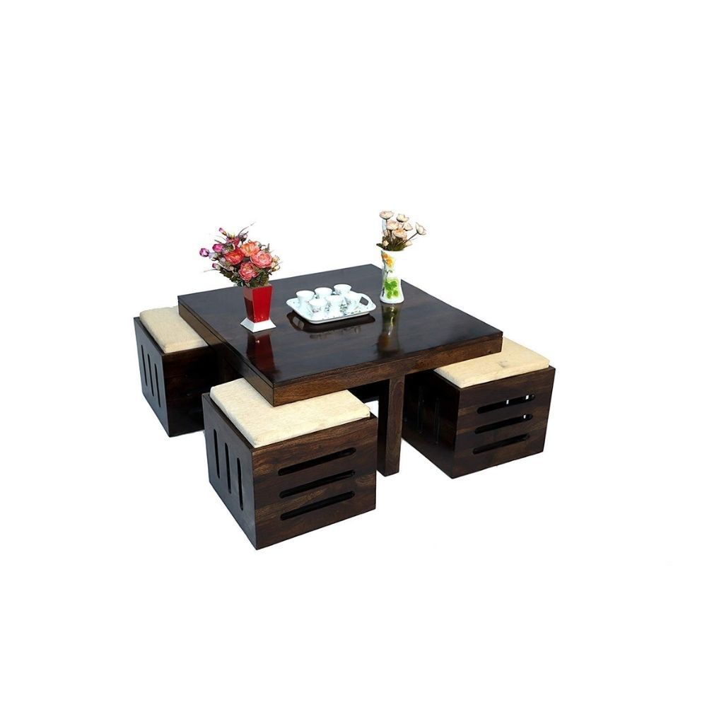 Aaram By Zebrs Modern Furniture Sheesham Indian Rosewood Square Coffee Table | Center Table with 4 Stools, Four Seater Coffee Table- Natural Finish