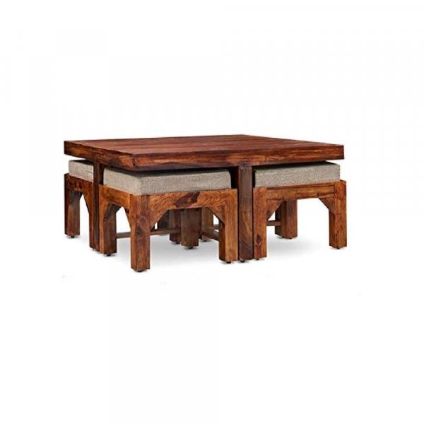 Aaram By Zebrs Modern Furniture Sheesham Indian Rosewood Square Coffee Table | Center Table with 4 Stools, Four Seater Coffee Table- Natural Finish
