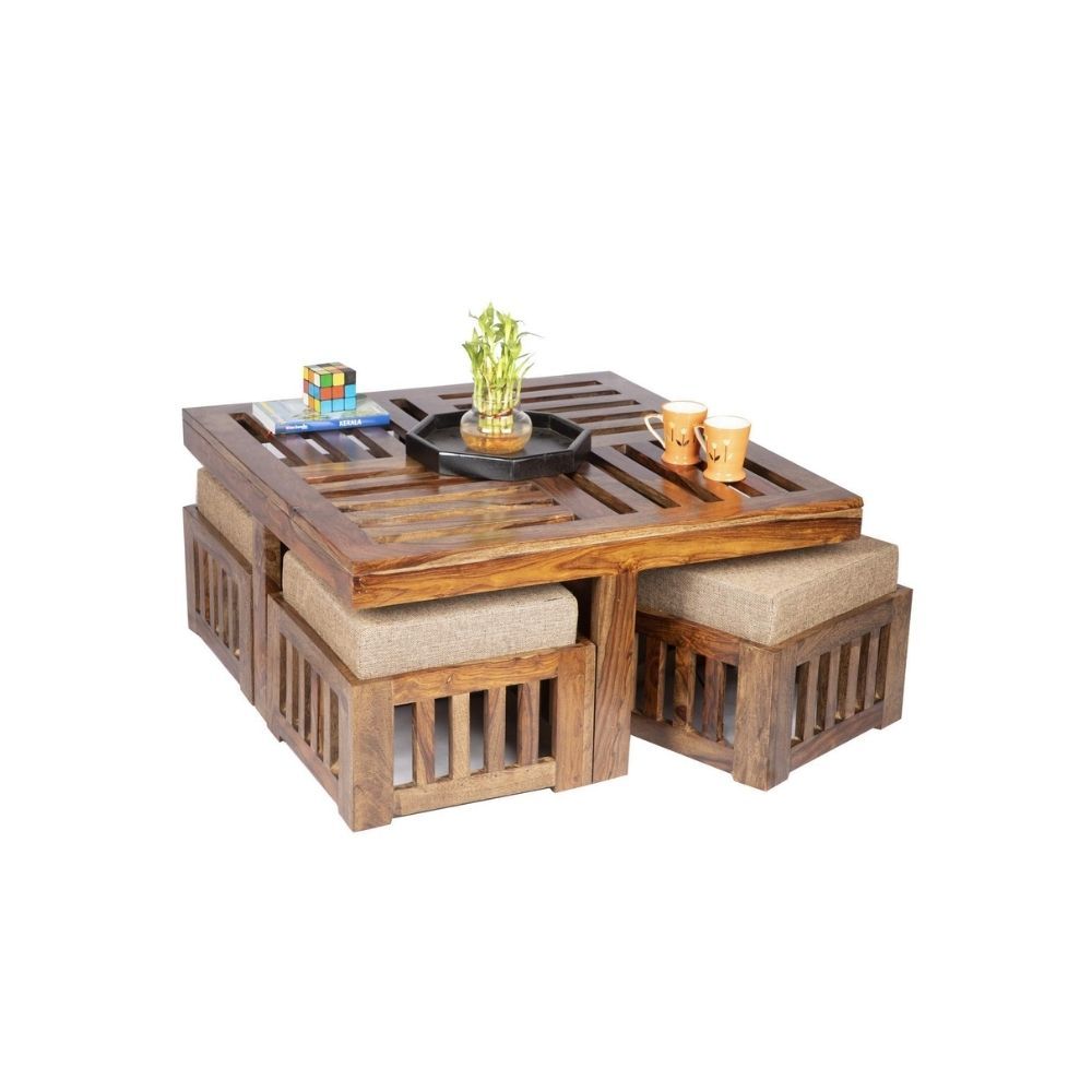 Aaram By Zebrs Modern Furniture Sheesham Indian Rosewood Square Coffee Table | Center Table with 4 Stools, Four Seater Coffee Table- Natural Finish
