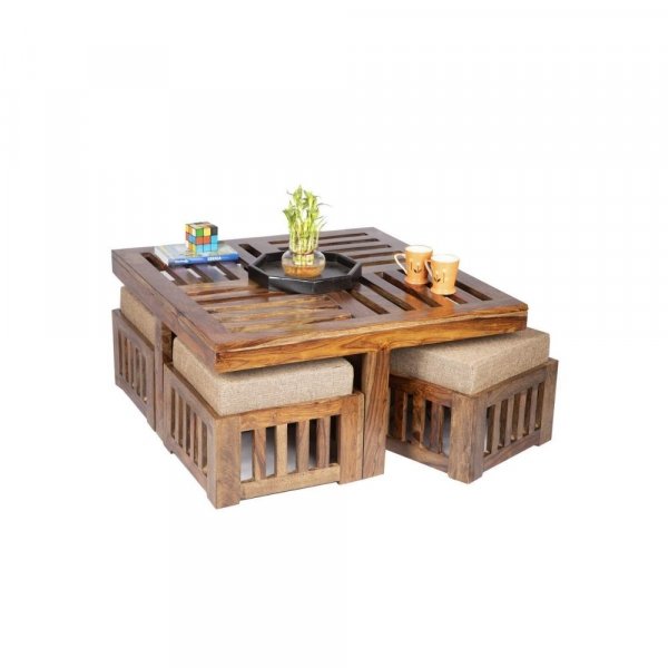 Aaram By Zebrs Modern Furniture Sheesham Indian Rosewood Square Coffee Table | Center Table with 4 Stools, Four Seater Coffee Table- Natural Finish