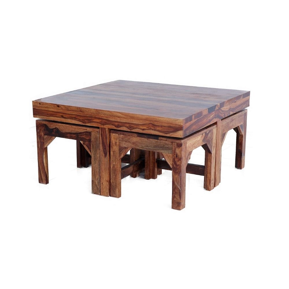 Aaram By Zebrs Modern Furniture Sheesham Indian Rosewood Square Coffee Table | Center Table with 4 Stools, Four Seater Coffee Table- Natural Finish