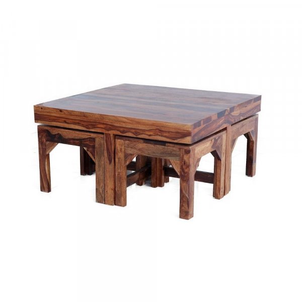Aaram By Zebrs Modern Furniture Sheesham Indian Rosewood Square Coffee Table | Center Table with 4 Stools, Four Seater Coffee Table- Natural Finish