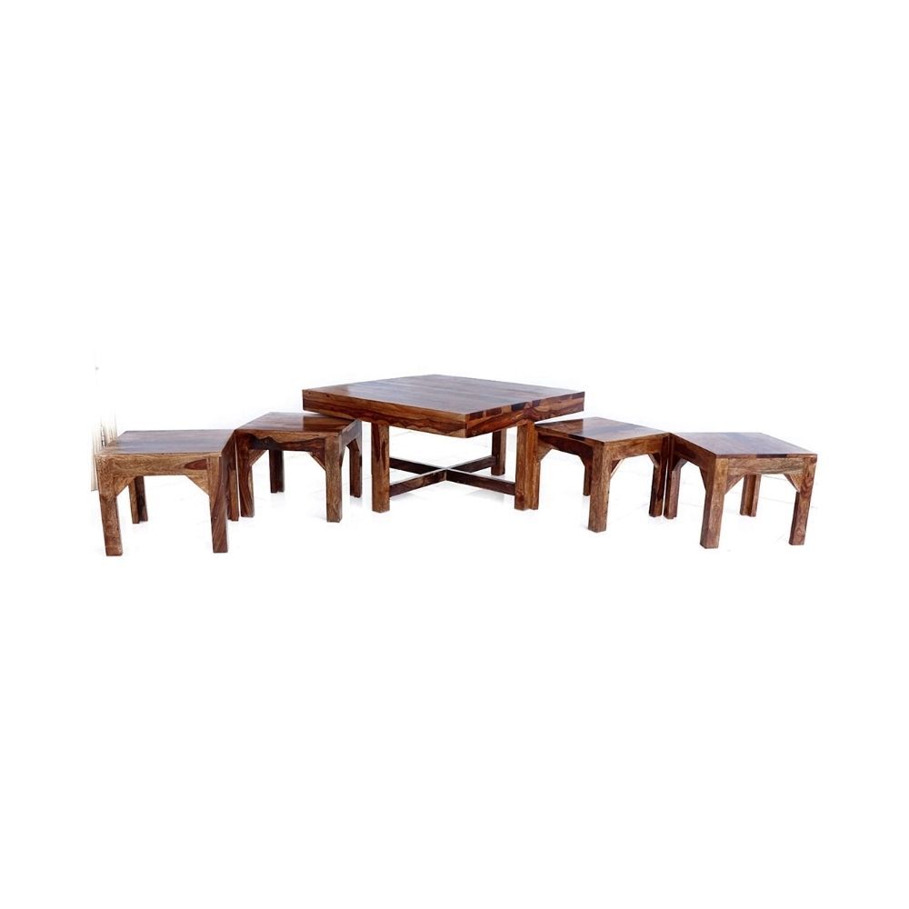 Aaram By Zebrs Modern Furniture Sheesham Indian Rosewood Square Coffee Table | Center Table with 4 Stools, Four Seater Coffee Table- Natural Finish