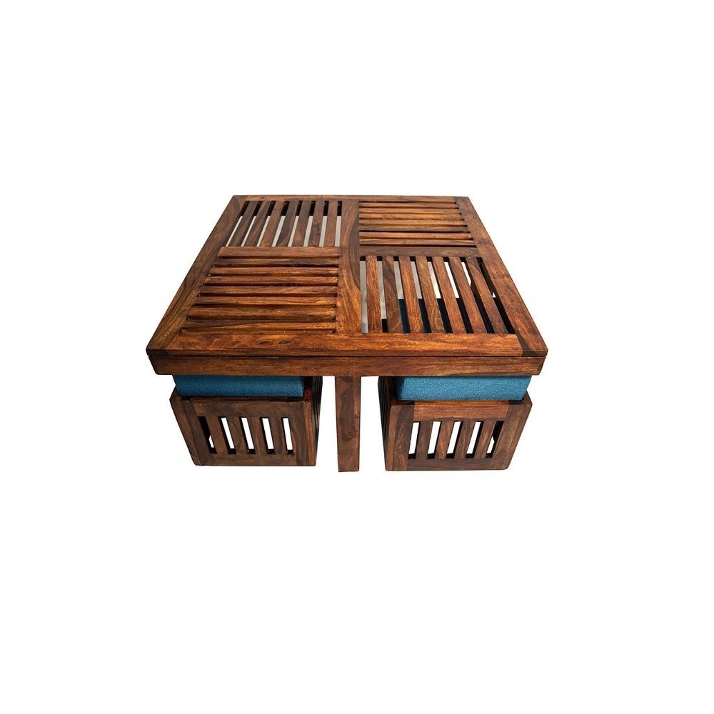 Aaram By Zebrs Modern Furniture Sheesham Indian Rosewood Square Coffee Table | Center Table with 4 Stools, Four Seater Coffee Table- Natural Finish